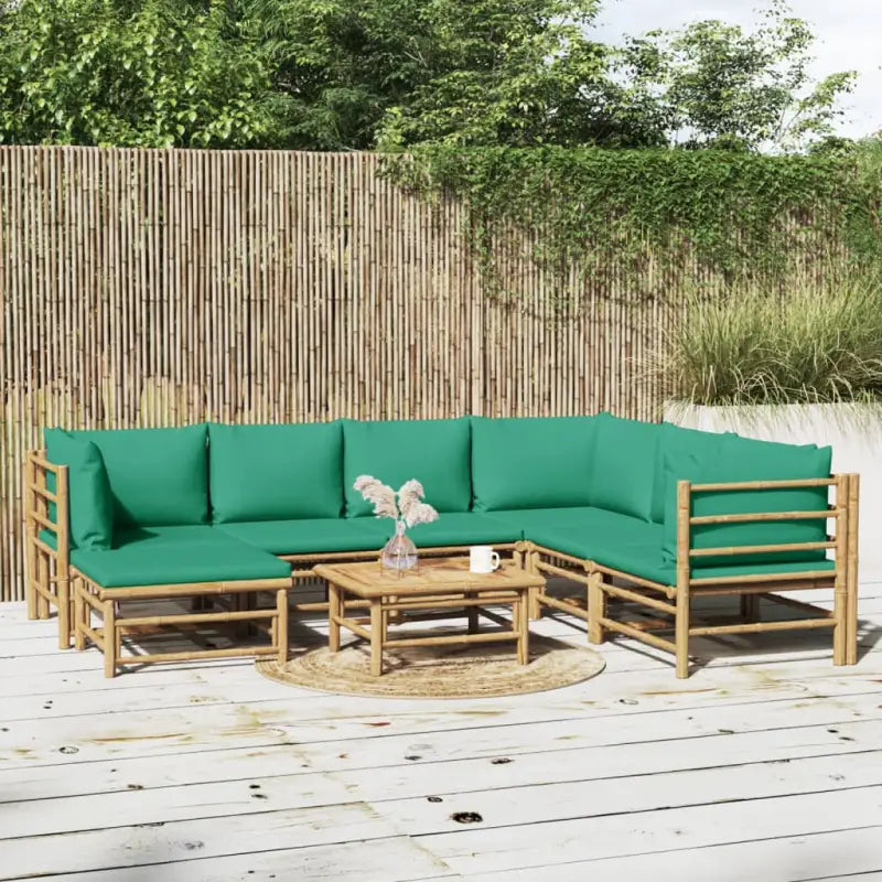 Elegante bamboe tuinset met comfortabele afmetingen en rugkussen - Groen / 3x hoek + 3x midden + voetensteun + Tafel