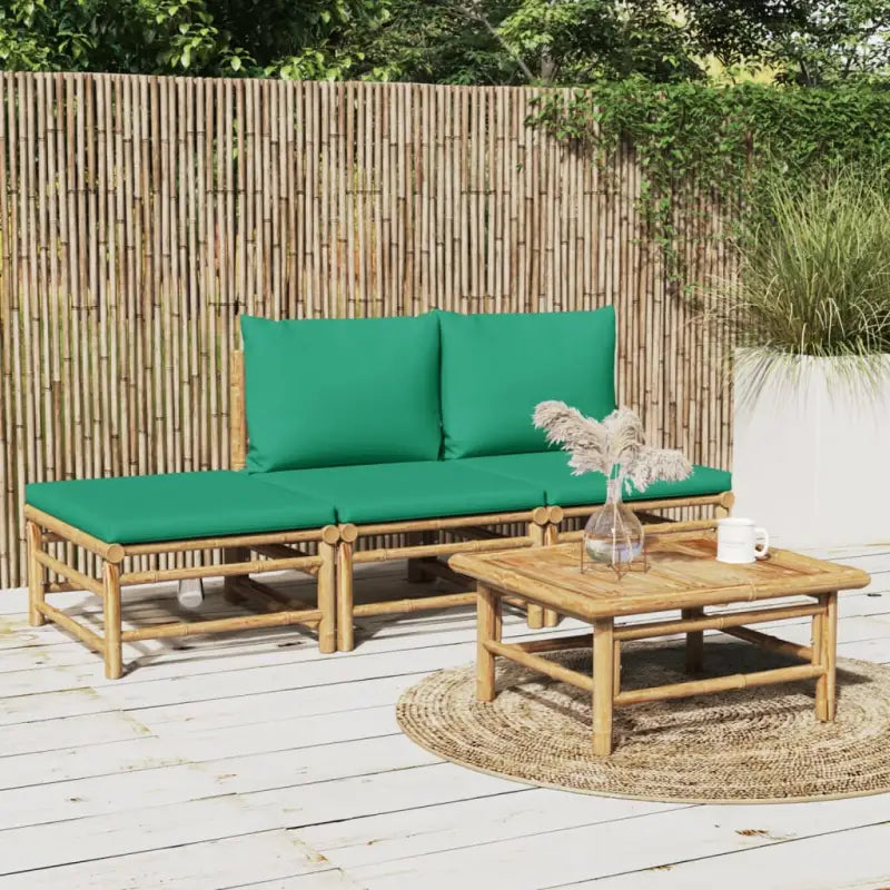 Elegante bamboe tuinset met comfortabele afmetingen en rugkussen - Groen / 2x midden + voetensteun + Tafel - Tuinsets