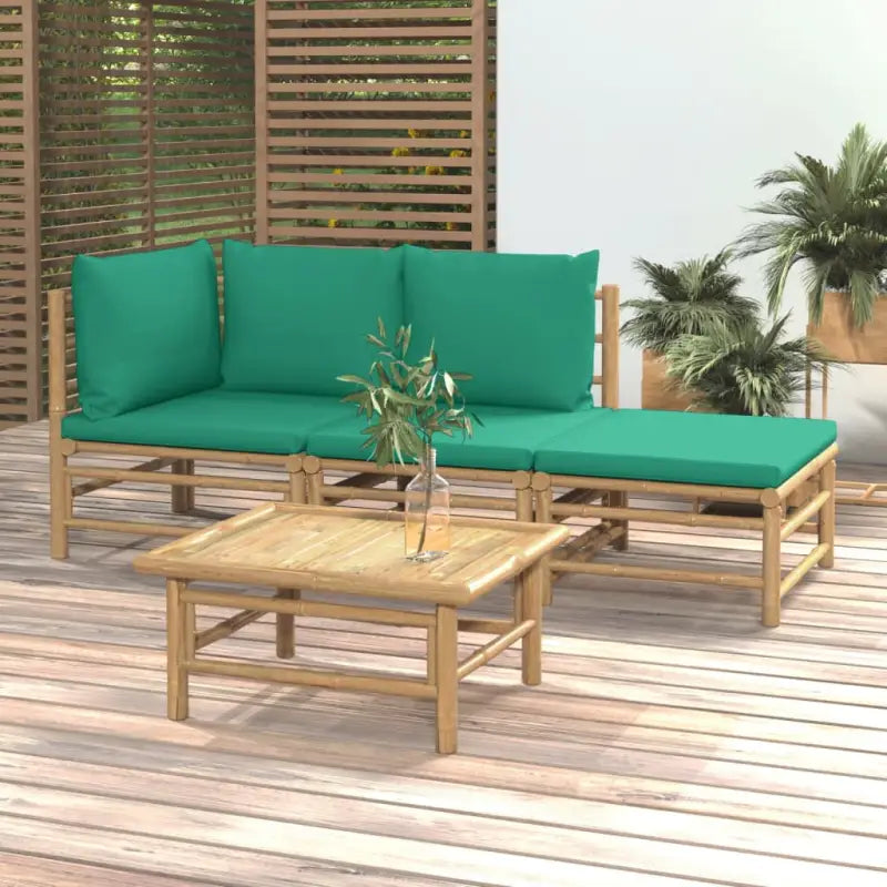 Elegante bamboe tuinset met comfortabele afmetingen en rugkussen - Groen / hoek + midden + voetensteun + Tafel