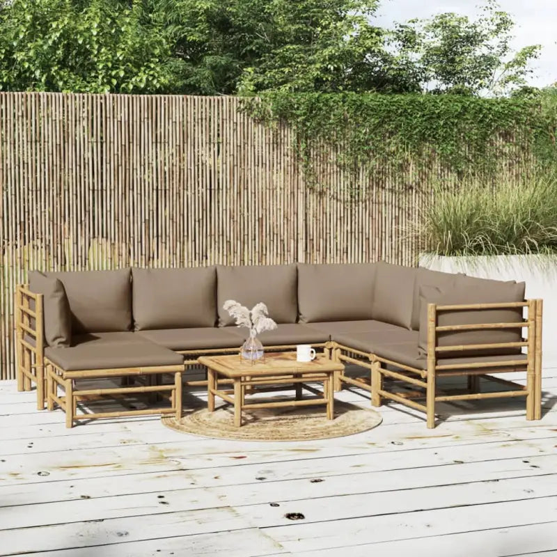 Elegante bamboe tuinset met comfortabele afmetingen en rugkussen - Taupe / 3x hoek + 3x midden + voetensteun + Tafel