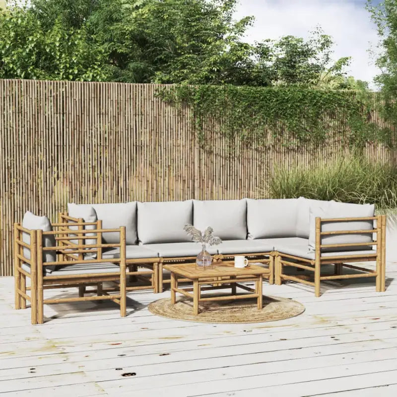 Elegante bamboe tuinset met comfortabele afmetingen en rugkussen - Lichtgrijs / 3x hoek + 2x midden + Tafel + stoel