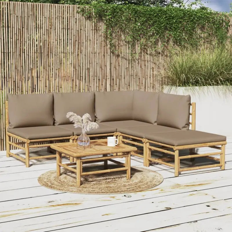 Elegante bamboe tuinset met comfortabele afmetingen en rugkussen - Taupe / hoek + 3x midden + voetensteun + Tafel