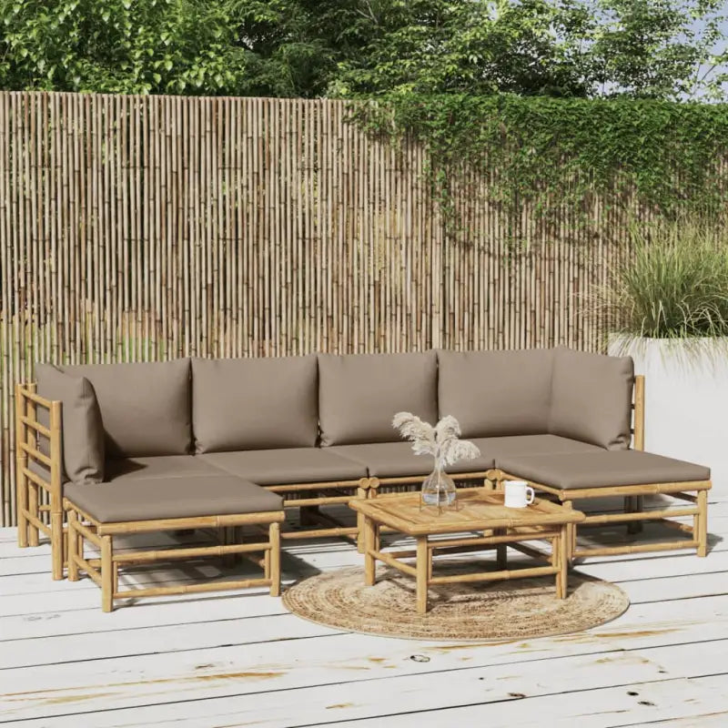 Elegante bamboe tuinset met comfortabele afmetingen en rugkussen - Taupe / 2x hoek + 2x midden + 2x voetensteun + Tafel