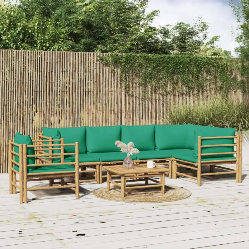 Elegante bamboe tuinset met comfortabele afmetingen en rugkussen - Groen / 3x hoek + 2x midden + Tafel + stoel