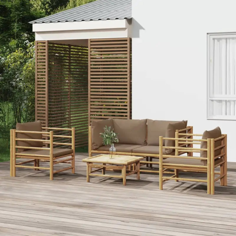 Elegante bamboe tuinset met comfortabele afmetingen en rugkussen - Taupe / 2x corner + 2x chair + table - Tuinsets