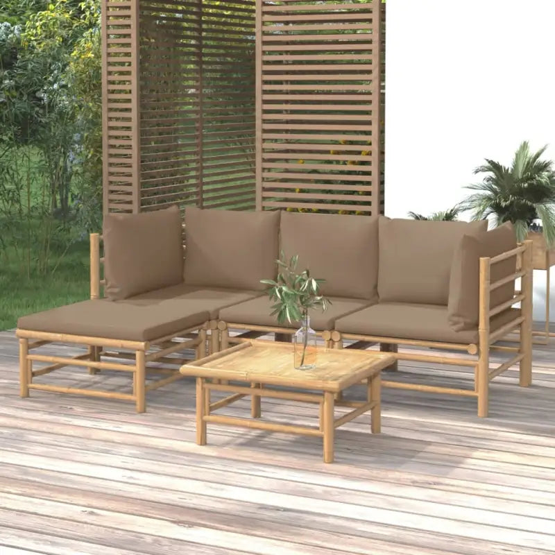 Elegante bamboe tuinset met comfortabele afmetingen en rugkussen - Taupe / 2x hoek + midden + voetensteun + Tafel