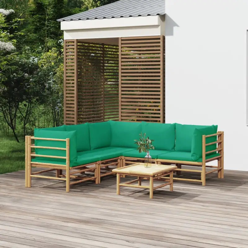 Elegante bamboe tuinset met comfortabele afmetingen en rugkussen - Groen / 3x hoek + 2x midden + Tafel - Tuinsets