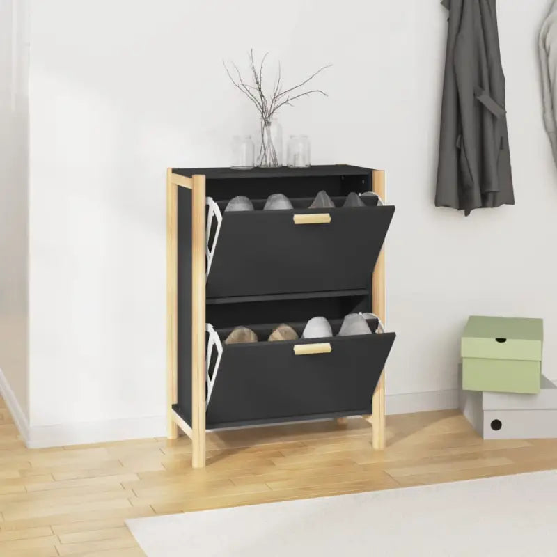 Elegante schoenenkast van bewerkt hout met houten poot voor een nette ruimte - Zwart / 1 - Schoenenrekken