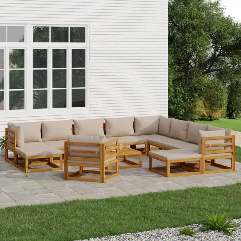 Elegante tuinset van massief acaciahout met comfortabele afmetingen rugkussen - Taupe / 3x hoek + 5x midden + stoel