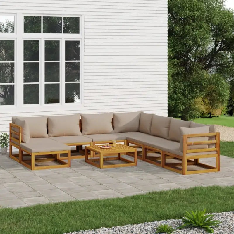 Elegante tuinset van massief acaciahout met comfortabele afmetingen rugkussen - Taupe / 3x hoek + 4x midden