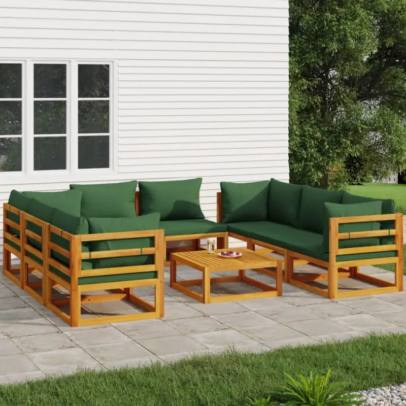 Elegante tuinset van massief acaciahout met comfortabele afmetingen rugkussen - Groen / 4x hoek + 4x midden + Tafel