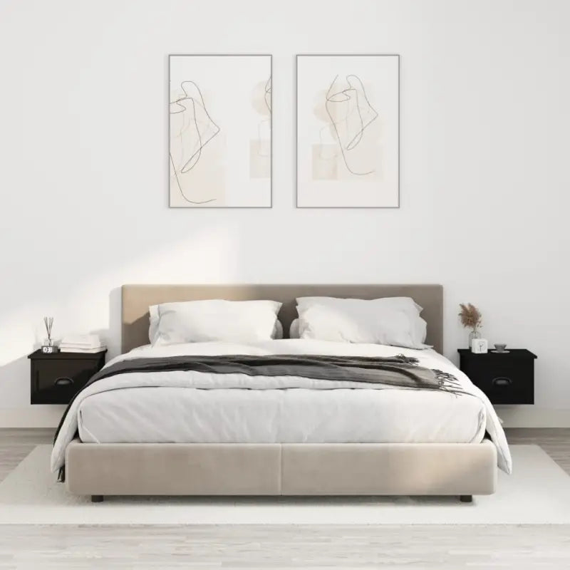 Elegante wandgemonteerde nachtkastje in grijs sonoma eiken design - Zwart / 2 - Nachtkastjes
