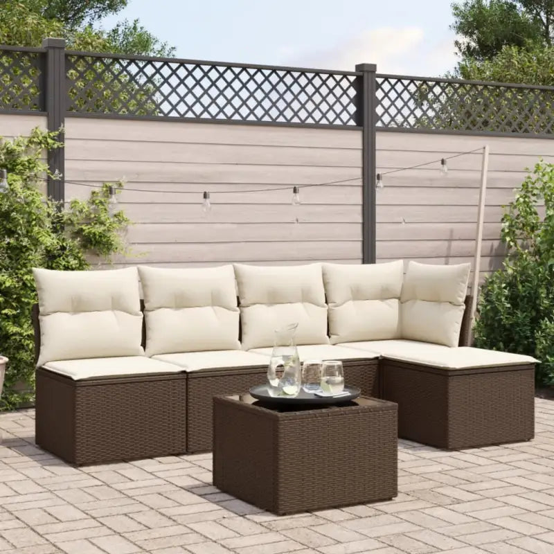 Gele loungeset van gepoedercoat staal met comfortabele beige materialen - Bruin en crème / Met tafel - Tuinsets