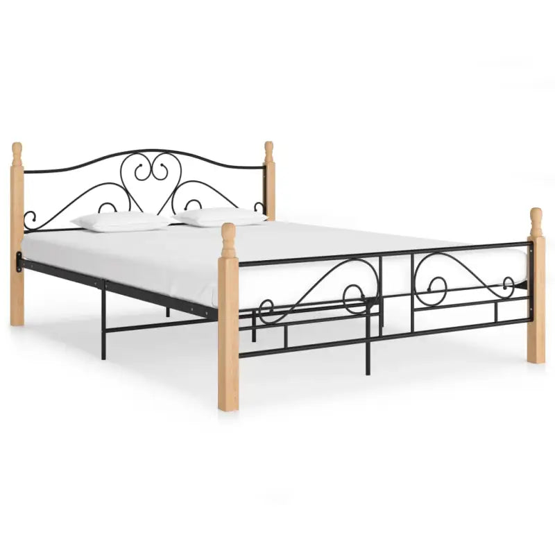 Gepoedercoat metalen bedframe met licht eikenhout voor een warme slaapkamer - zwart en lichthoutkleurig / 140 x 200 cm