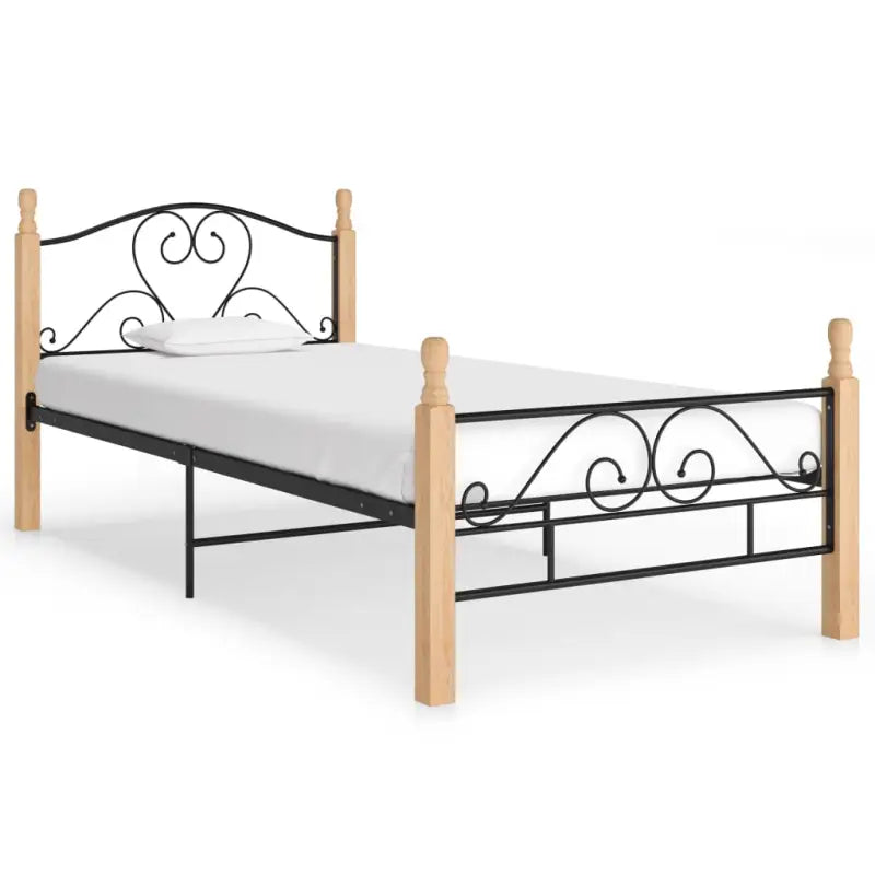 Gepoedercoat metalen bedframe met licht eikenhout voor een warme slaapkamer - zwart en lichthoutkleurig / 100 x 200 cm