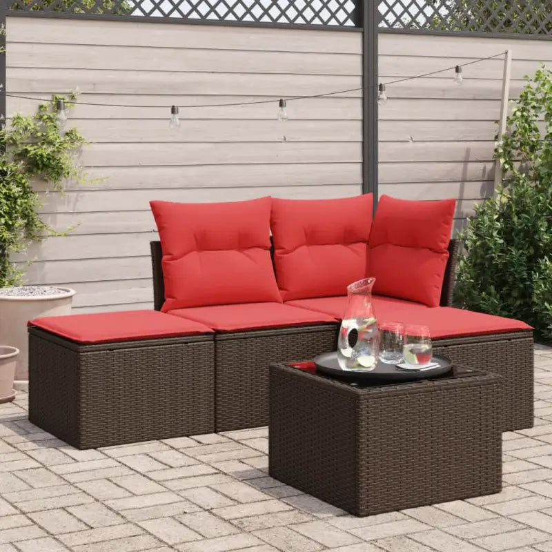 Gepoedercoat staal loungeset in grijs materiaal voor tuin en terras - Bruin en rood / Met tafel - Tuinsets