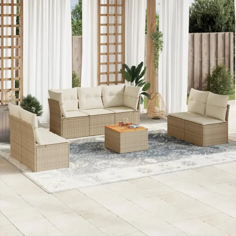 Gepoedercoat staal loungeset met poly rattan voor buitenplezier - Beige / 5x midden + Tafel + 2x hoek - Tuinsets