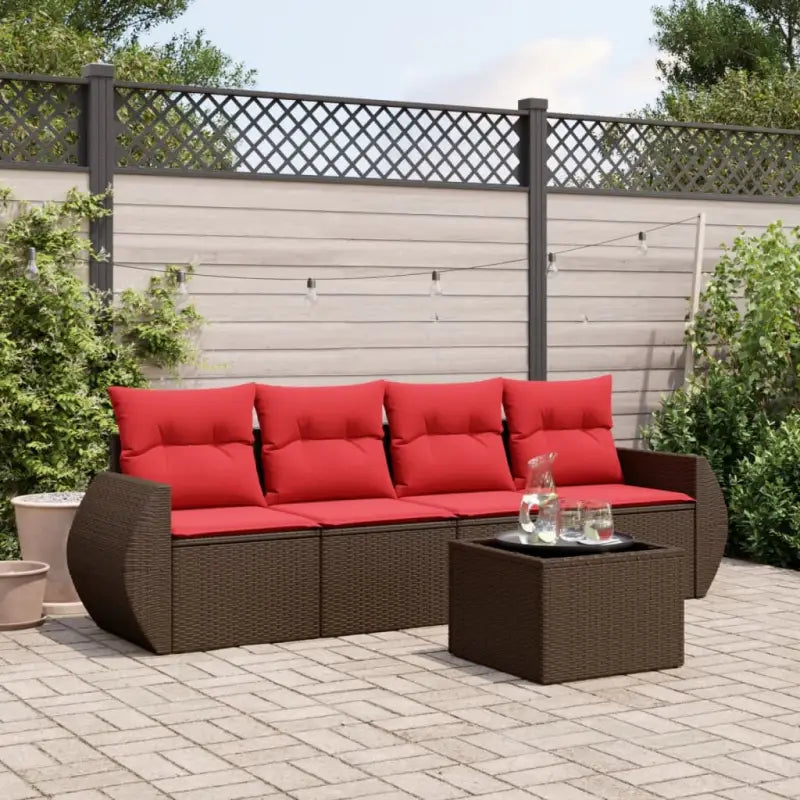 Gepoedercoat staal loungeset met poly rattan voor comfortabele zitervaring - Bruin en rood / Met tafel - Tuinsets