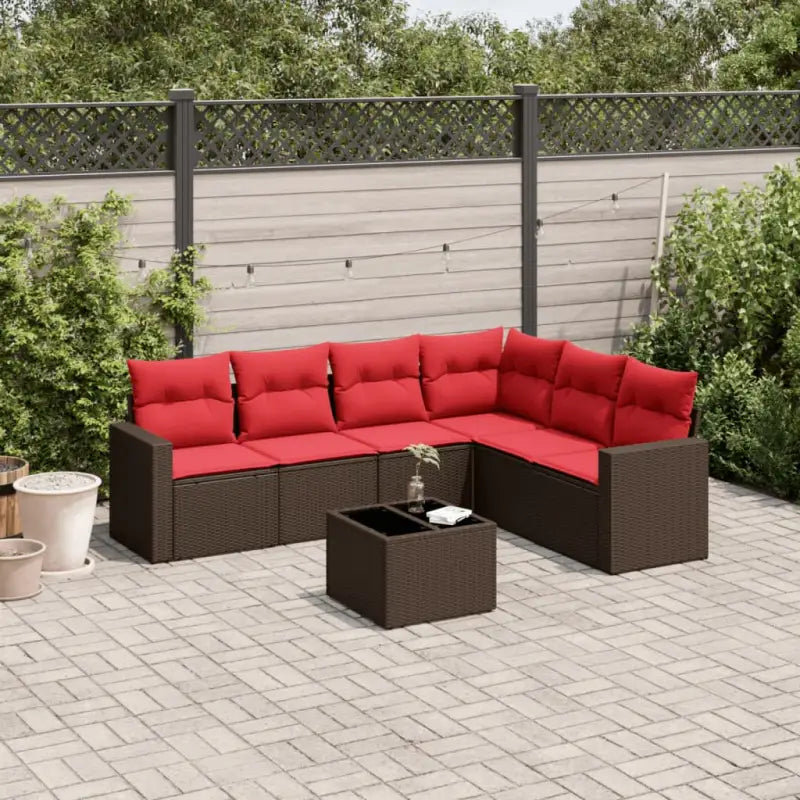 Gepubliceerd loungestoel van bruin materiaal en gepoedercoat staal met afmetingen - Bruin en rood / Met tafel - Tuinsets