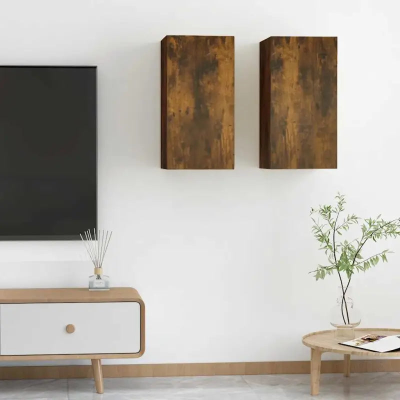 Hangende Tv-meubel van bewerkt hout voor een trendy woonkamer sfeer - Gerookt eiken / 2 / 60 cm - Tv-meubels