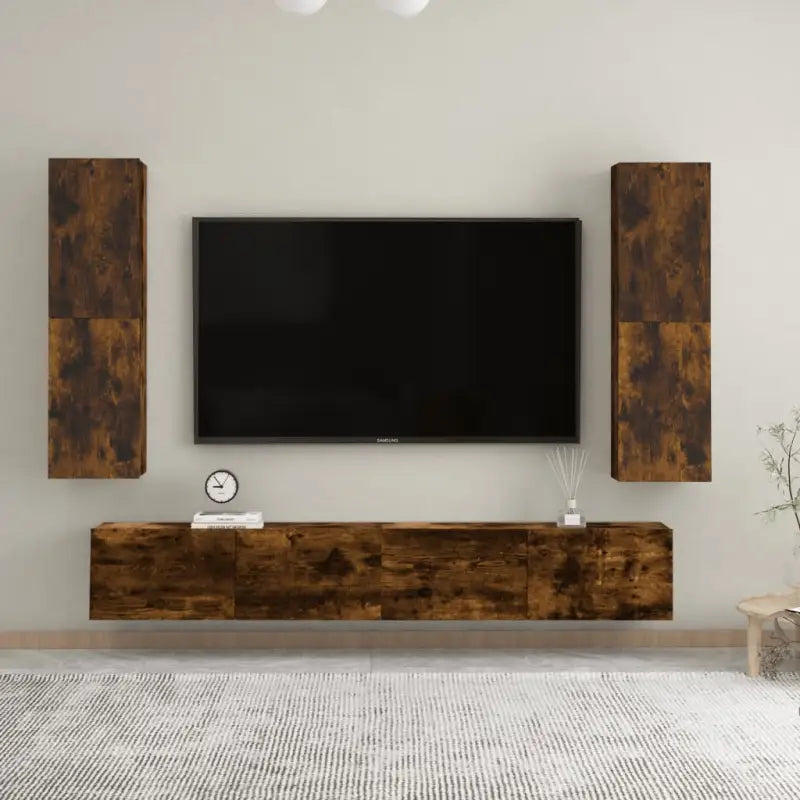 Hangende Tv-meubel van bewerkt hout voor een trendy woonkamer sfeer - Gerookt eiken / 2 / 110 cm - Tv-meubels