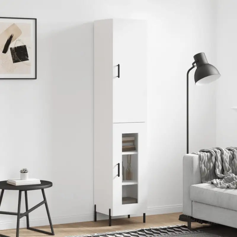 Hoge kast van bewerkt hout met hoogglans wit voor een trendy interieur - Wit / 1 / 1 glazen deur - Dressoirs &