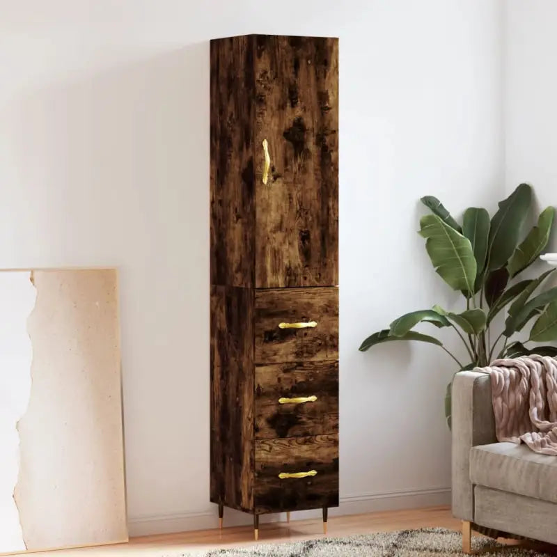 Hoge kast van bewerkt hout voor een stijlvolle en duurzame inrichting - Gerookt eiken / 1 / 3 lades - Dressoirs &
