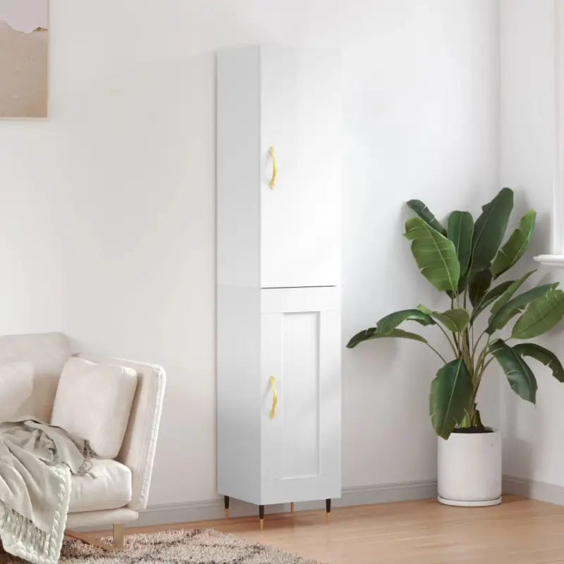 Hoge kast van bewerkt hout voor een stijlvolle en duurzame inrichting - Hoogglans wit / 1 / 1 houten deur - Dressoirs &