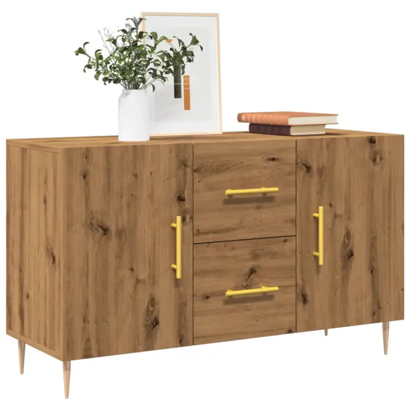 Hoogglans wit dressoir met bewerkt hout en metalen poten - artisanaal eikenkleurig / 1 - Dressoirs & buffetkasten