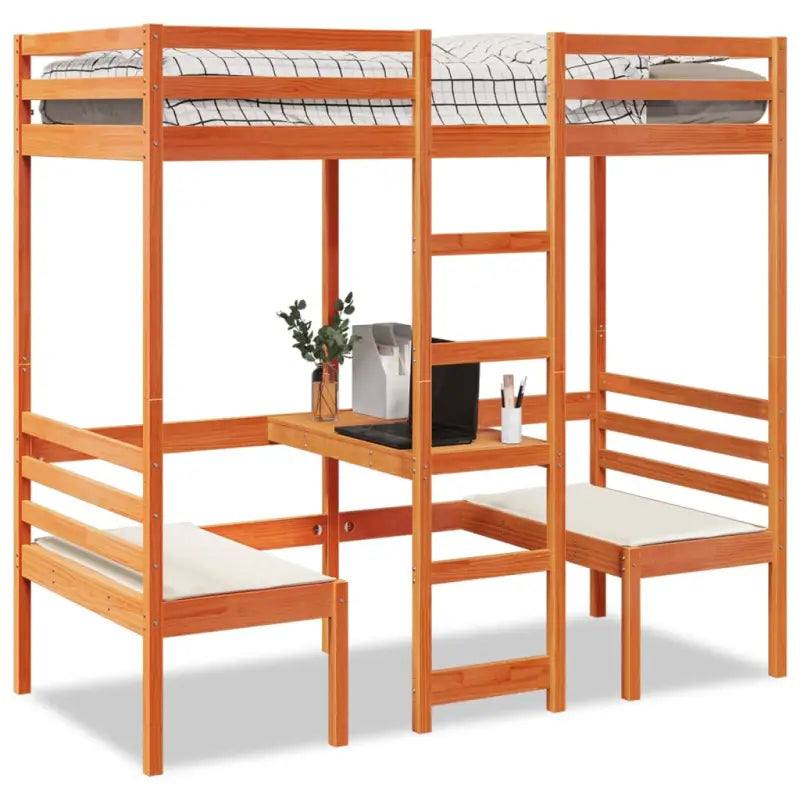 Hoogslaper met bureau in massief grenenhout voor beperkte ruimte - Wasbruin / 90 x 190cm cm - Bedden & bedframes