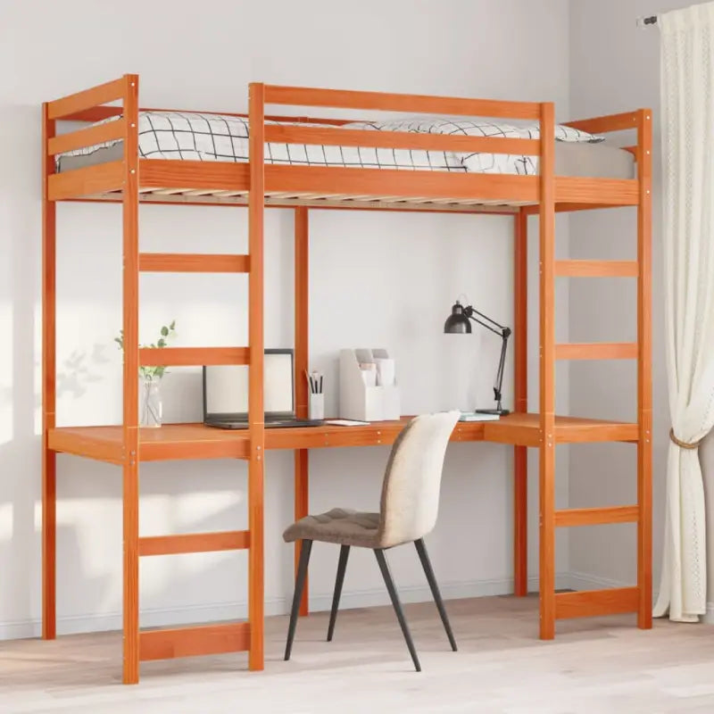 Hoogslaper met bureau in massief grenenhout voor beperkte ruimte - Wasbruin / 75 x 190 cm - Bedden & bedframes