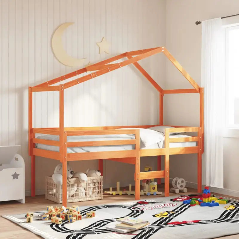 Hoogslaper van massief grenenhout met open zijdeur in wit materiaal - Wasbruin / 90 x 200 cm - Bedden & bedframes