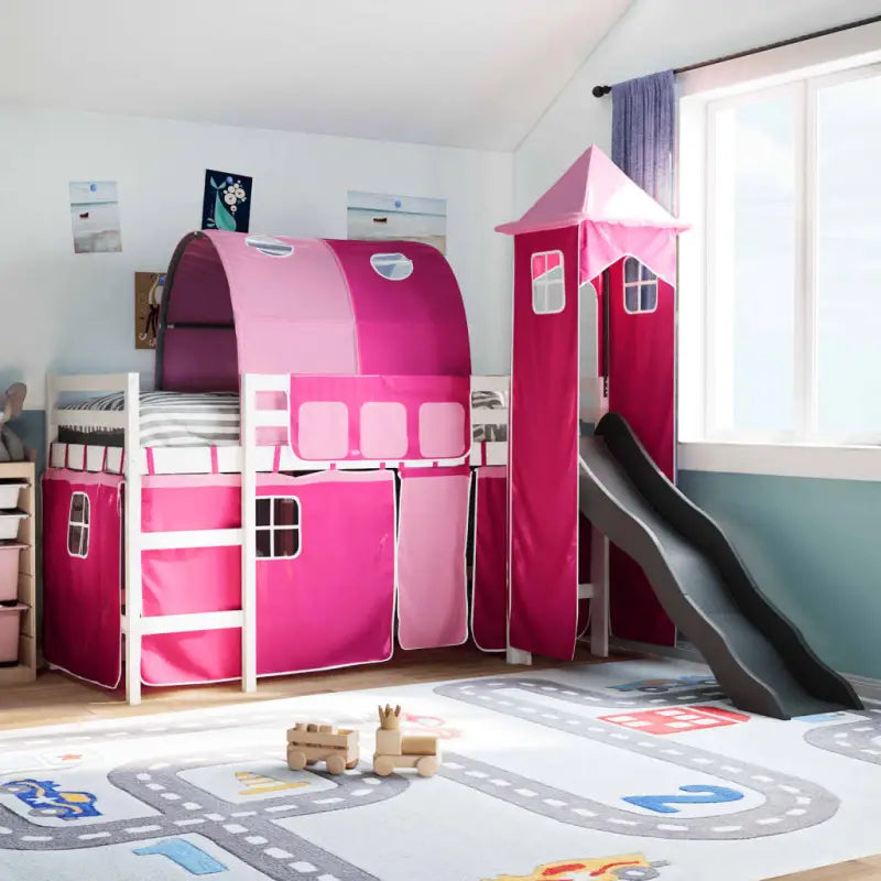 Hoogslaper voor kinderen van massief grenenhout met ruimtelijke functie - Wit en roze / 90 x 200 cm - Bedden & bedframes
