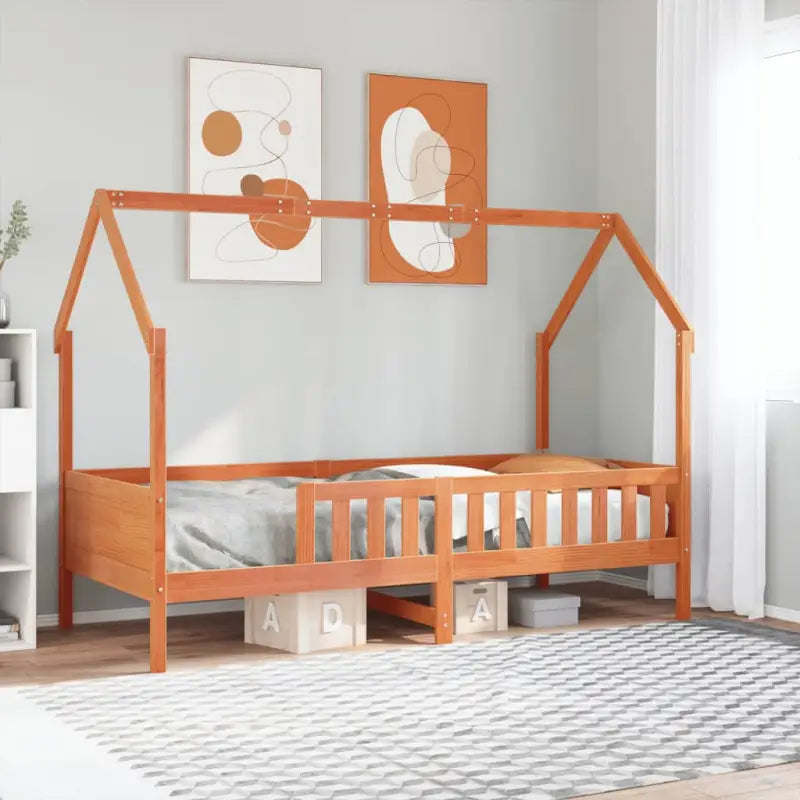Houten kinderbedframe met open dakstructuur en massief grenenhout - Wasbruin / 90 x 190 cm - Bedden & bedframes
