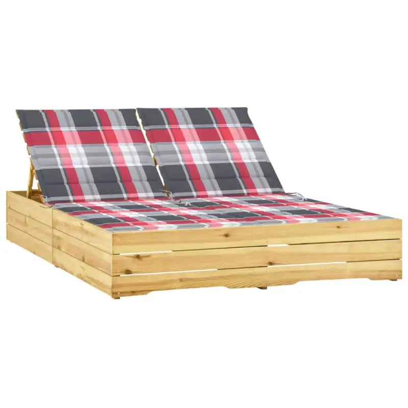 Houten loungebed met kussens voor buiten in rustieke stijl - Rood ruitpatroon / 1 - Ligstoelen