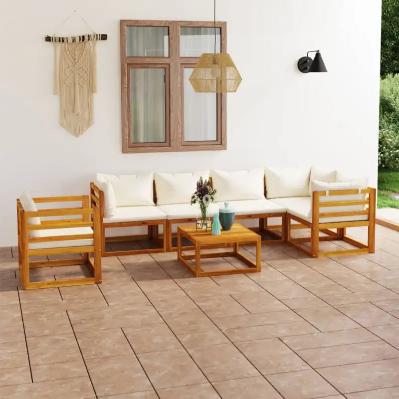 Houten Loungeset van massief acaciahout voor tuinplezier - Crème / 3x hoek + 2x midden + Fauteuil + Tafel - Tuinsets