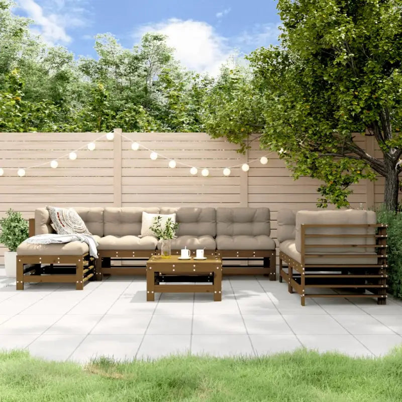 Houten loungeset van massief grenenhout met voetenbank en salontafel - Honingbruin grenenhout - Tuinsets