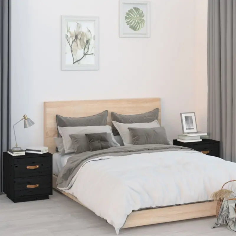 Houten nachtkastje van massief grenenhout voor elke slaapkamer - Zwart / 2 - Nachtkastjes