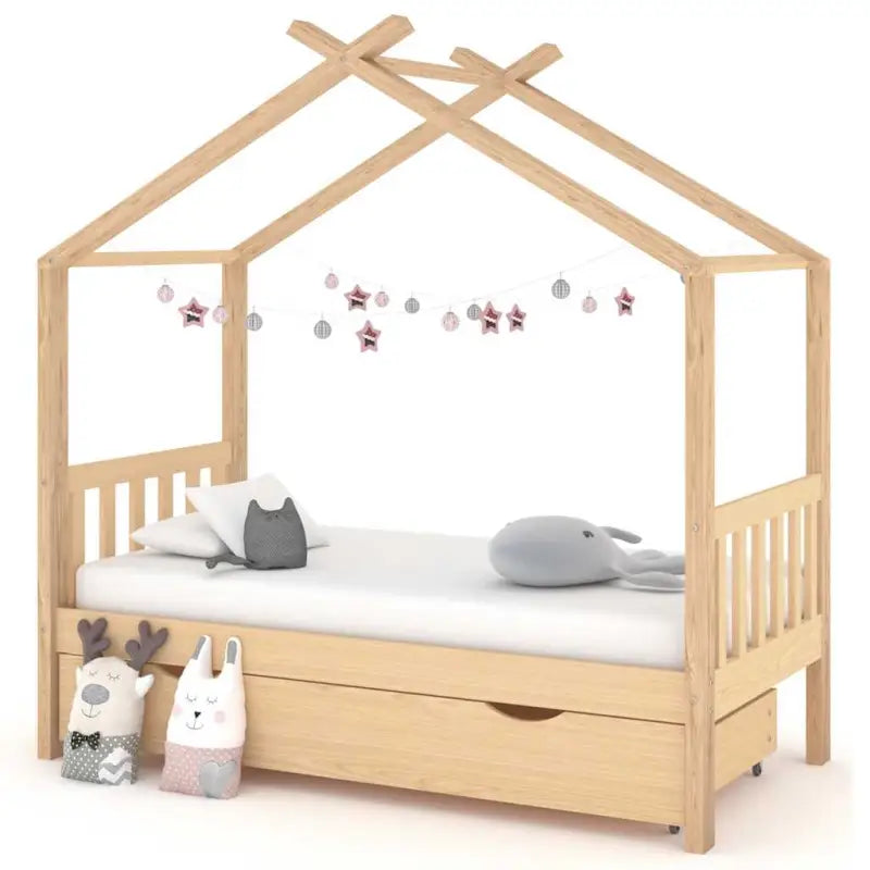 Houten peuterbed met lade in massief grenenhout met boomhut-stijl - Bruin / 80 x 160 cm / 1 lade - Peuter- &