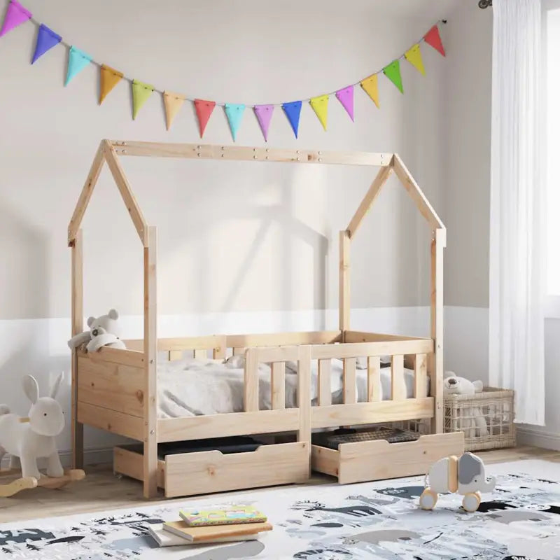 Kinderbed met huisje in massief grenenhout en open dakstructuur - Naturel / 70 x 140 cm - Bedden & bedframes