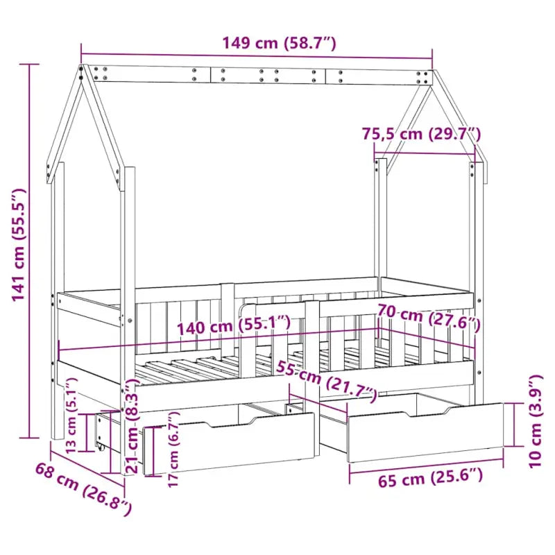 Kinderbed met huisje in massief grenenhout en open dakstructuur - Bedden & bedframes