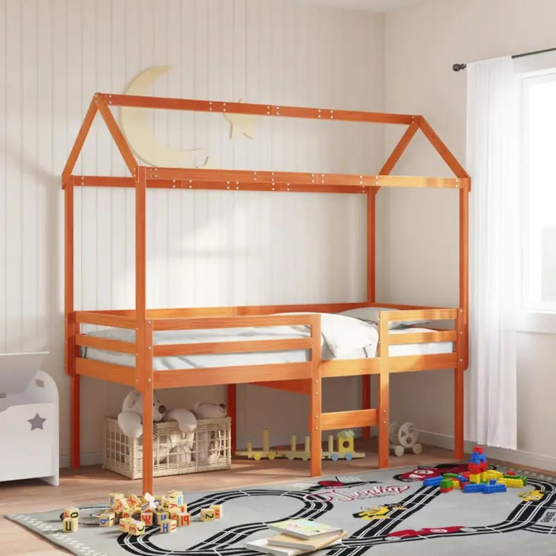 Kinderbedhuisje met open zijdeur van massief grenenhout - Wasbruin / 207 x 80.5 x 151.5 cm - Accessoires voor bedden
