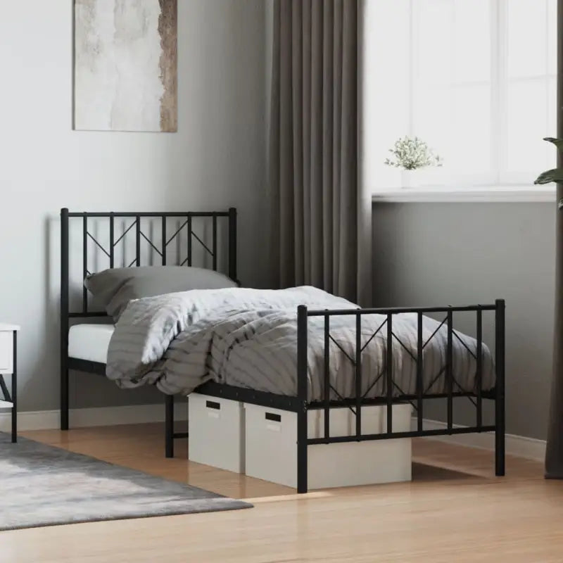 Klassiek metaal bedframe met metalen latten en extra opbergruimte - Zwart / 75 x 190 cm / met hoofdbord & voetbord