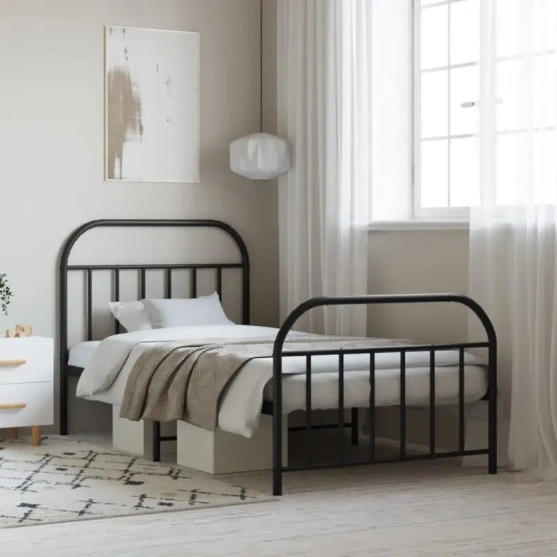 Klassiek metalen bedframe met extra opbergruimte en metalen latten - Zwart / 107 x 203 cm / met hoofdbord & voetbord