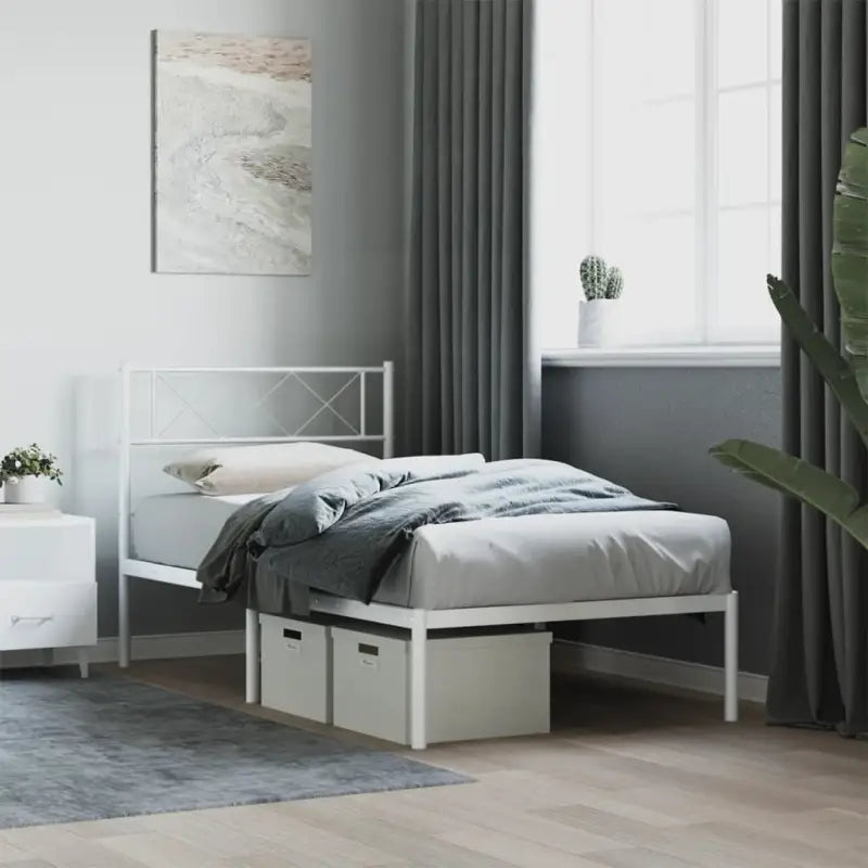 Klassiek metalen bedframe met metalen latten en extra opbergruimte - Wit / 90 x 190 cm / met hoofdbord - Bedden &