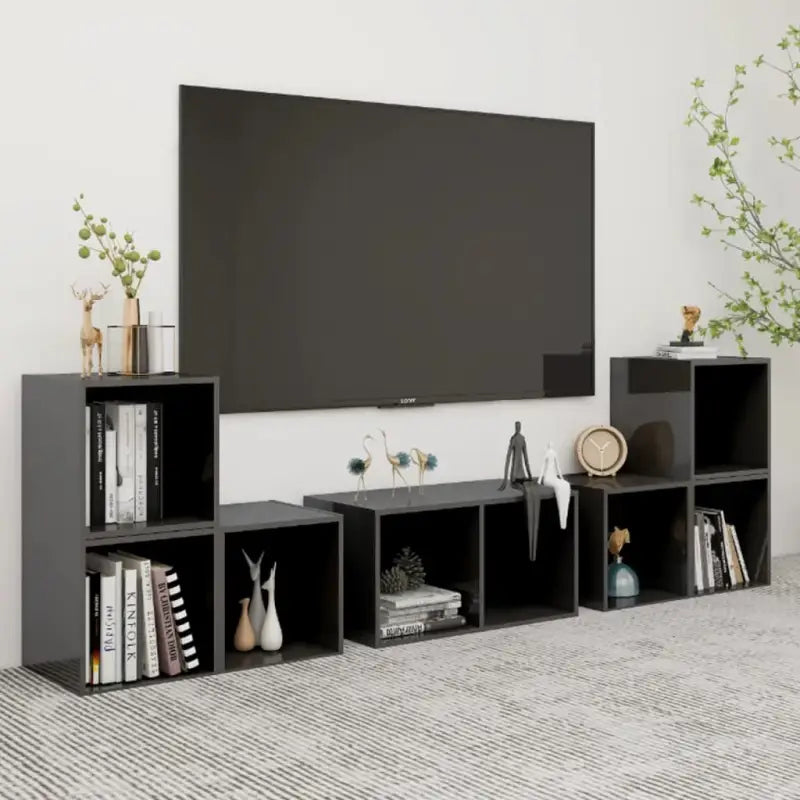 Klassieke Tv-meubels met hoogglans grijs en bewerkt hout design - Hoogglans grijs / 1 - Tv-meubels