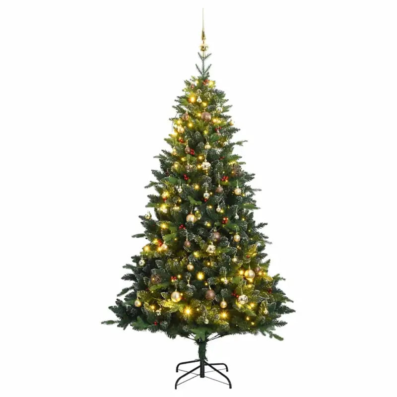 Levensechte kunstkerstboom met rode bessen en automatische takken - 180 cm / 1 / met LED’s en goudkleurige ballen