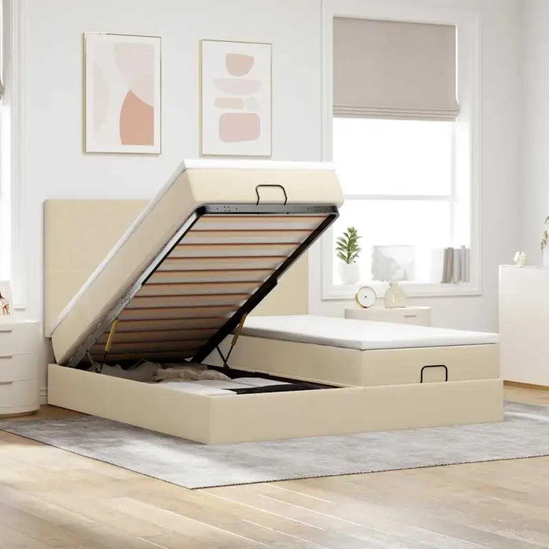 Lichtgrijs Ottomaanse Bed met ruime opbergruimte en comfortabel matras - Crème / 200 x 200 cm / Effen ontwerp - Bedden