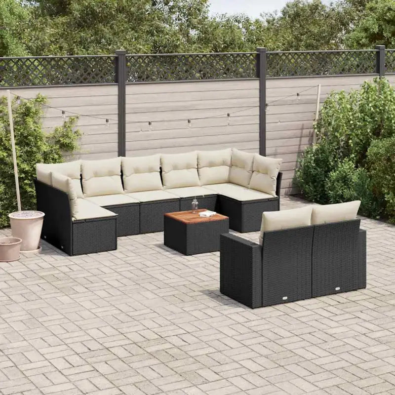 Lounge tuinset in gemengd beige materiaal voor buitenplezier - Zwart en crème / 5x midden + 2x hoek + Tafel - Tuinsets