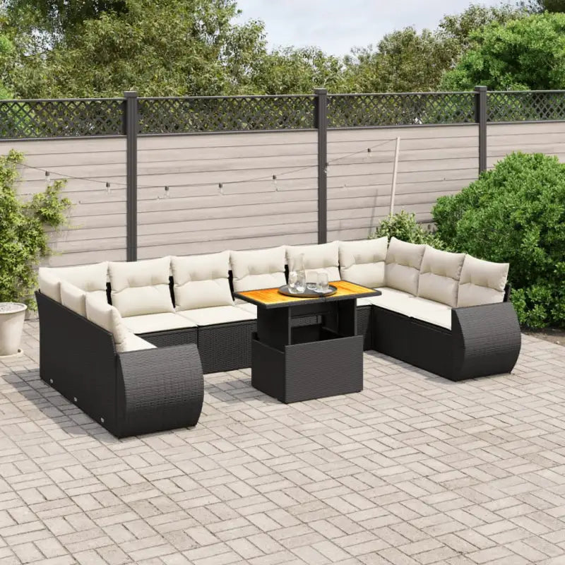 Lounge Tuinset met zwart materiaal en gepoedercoat staal afmetingen - Zwart en crème / 6x midden + 4x hoek + Tafel